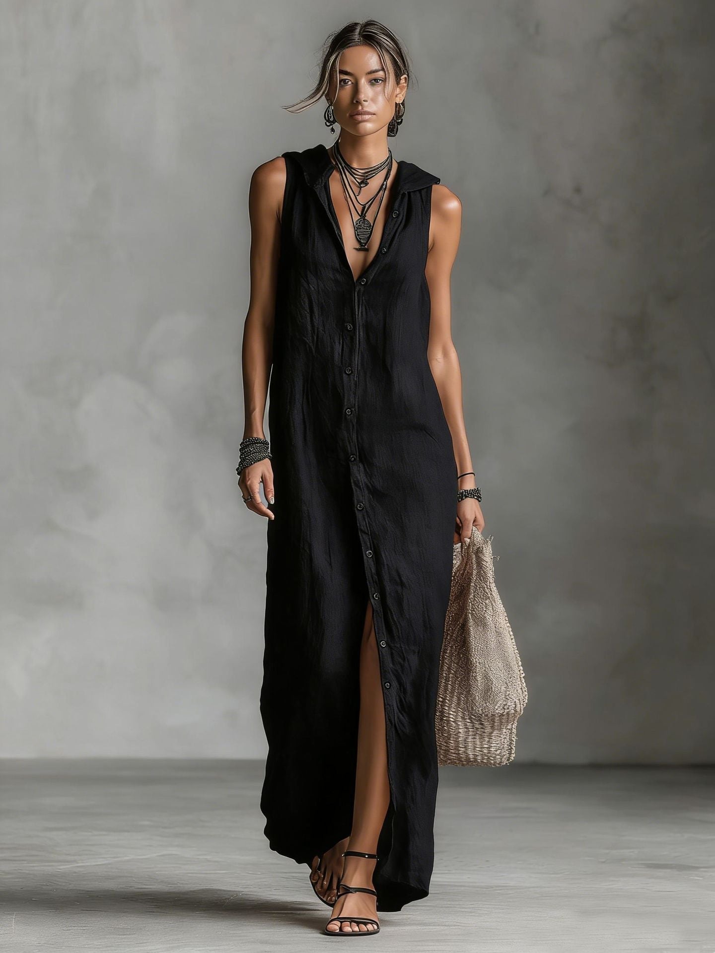 Sleeveless hooded breasted dress 