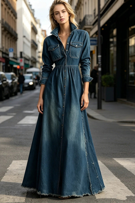 Style Retro Elegant Fitted Long Sleeve Denim Dress with Flared Skirt 