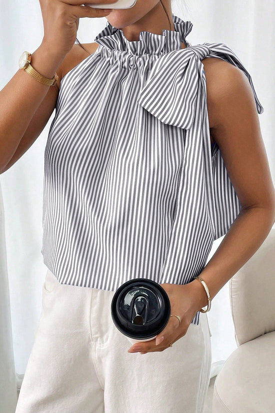 Fashionable Casual Sleeveless Striped Lace Trim High Neck Tie Knot T-Shirt Top 