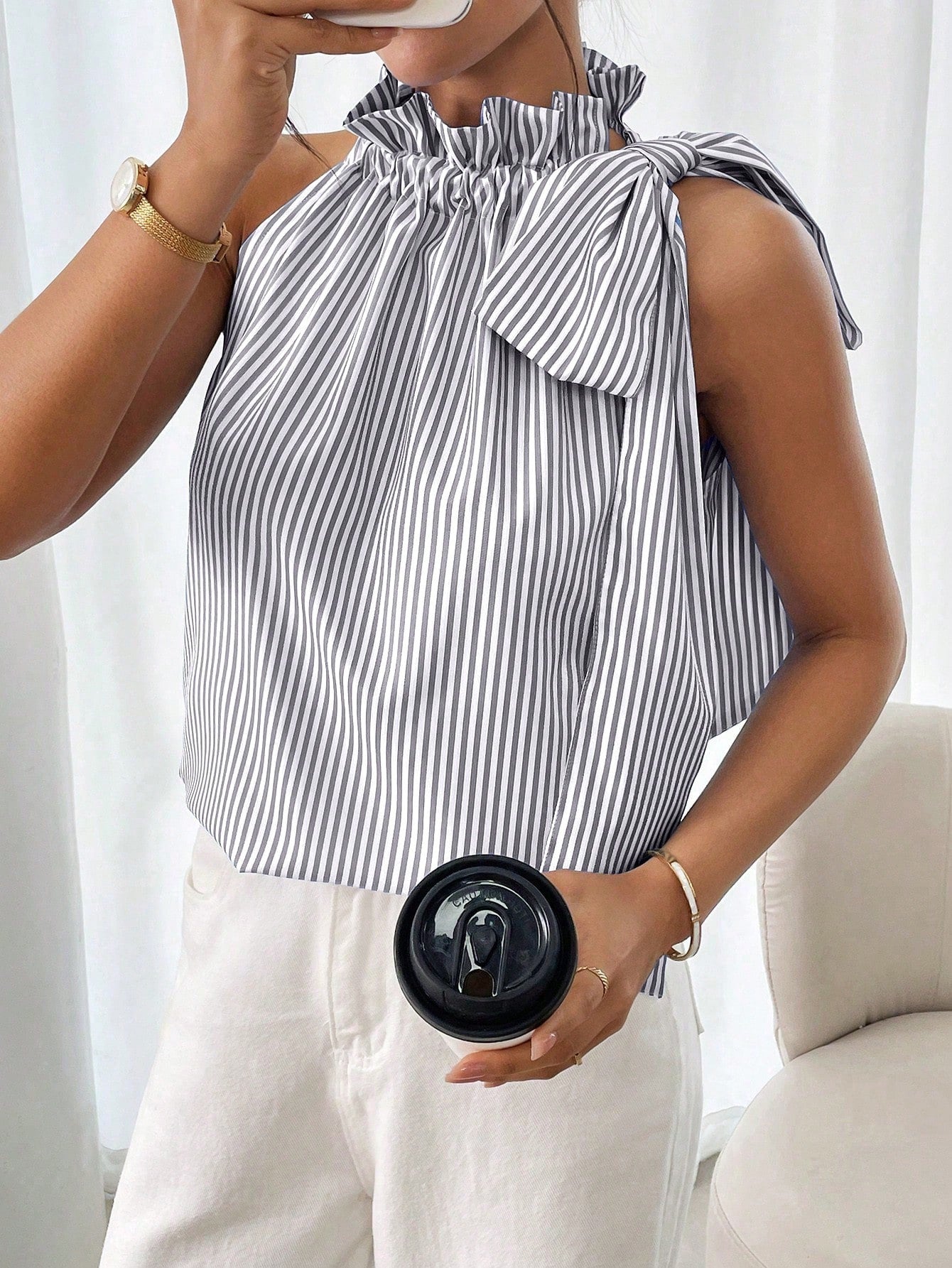 Fashionable Casual Sleeveless Striped Lace Trim High Neck Tie Knot T-Shirt Top 