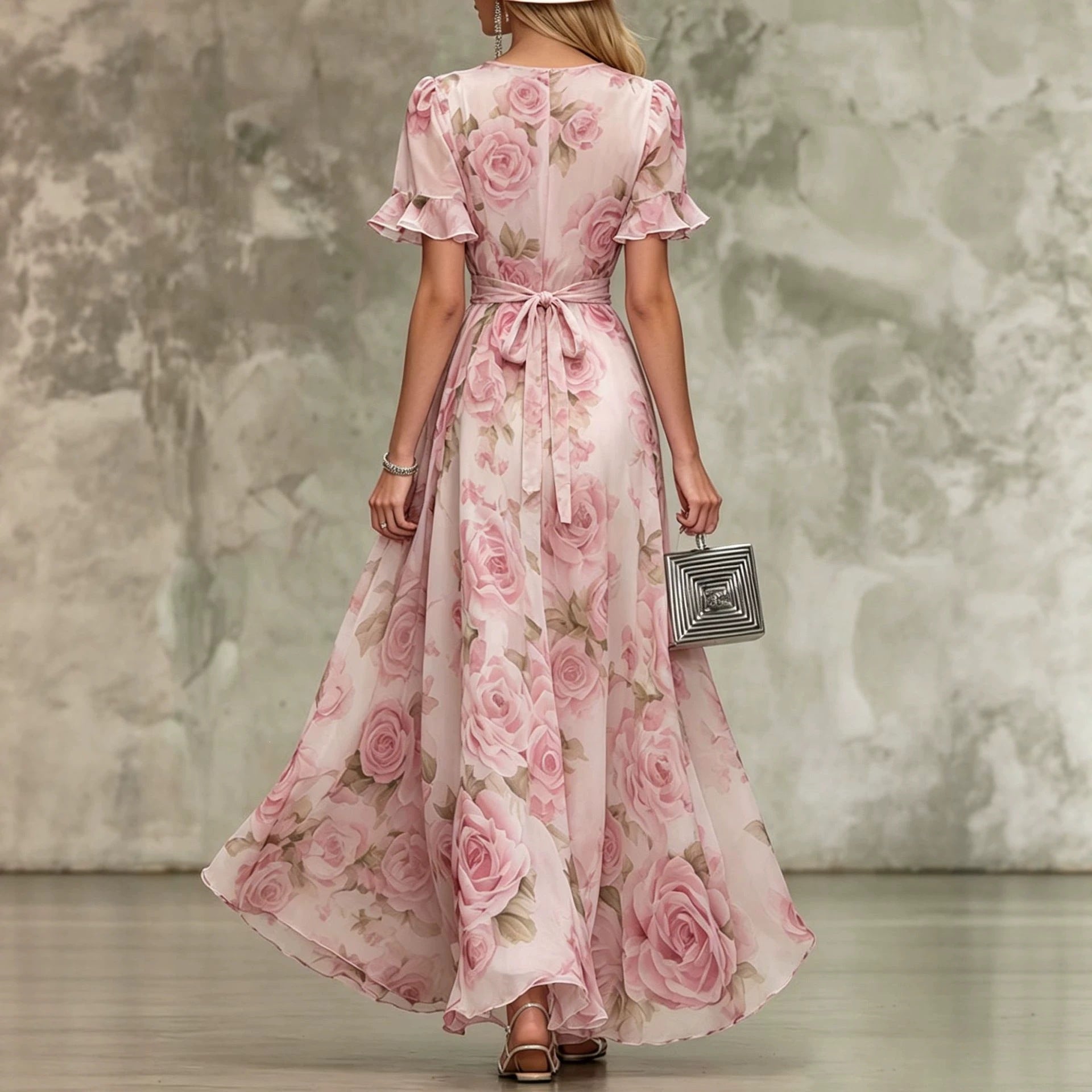 Deep V-neck ruffle sleeve printed dress 