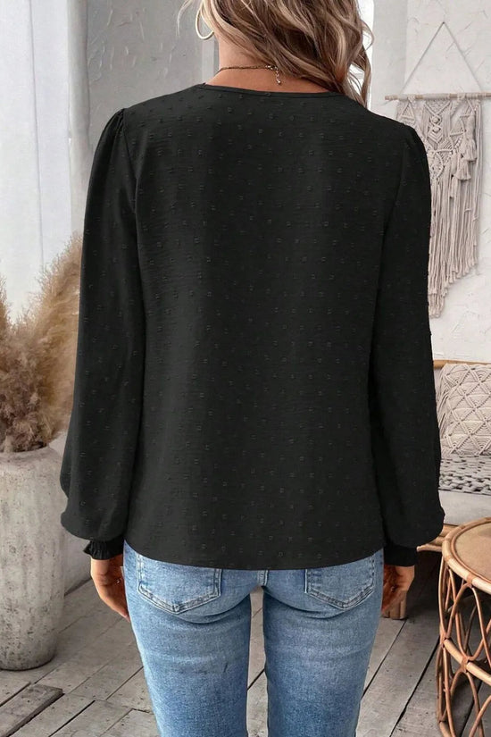 Swiss Dot Lace Detail Notched Long Sleeve Blouse 