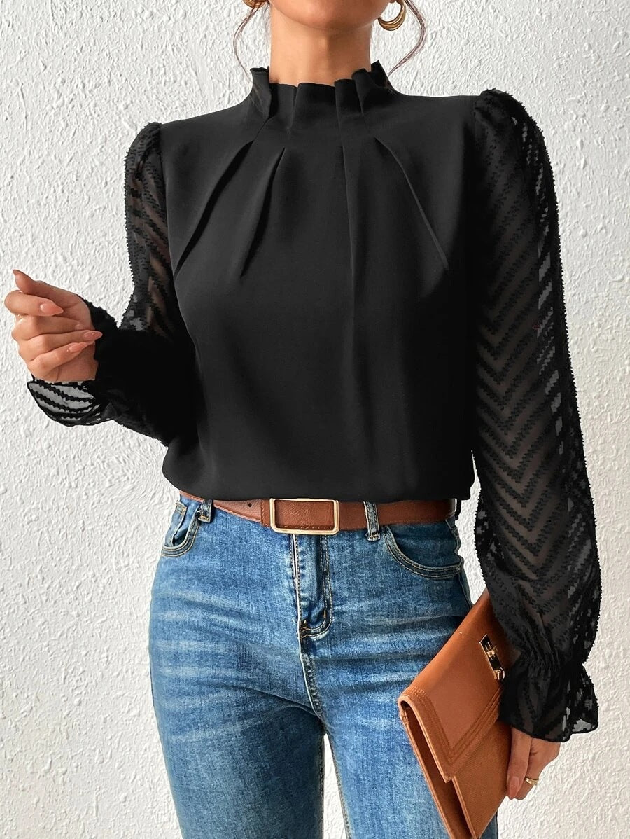 Autumn Winter New Women's High Neck Spliced Wave Pattern Chiffon Long Sleeve Top 