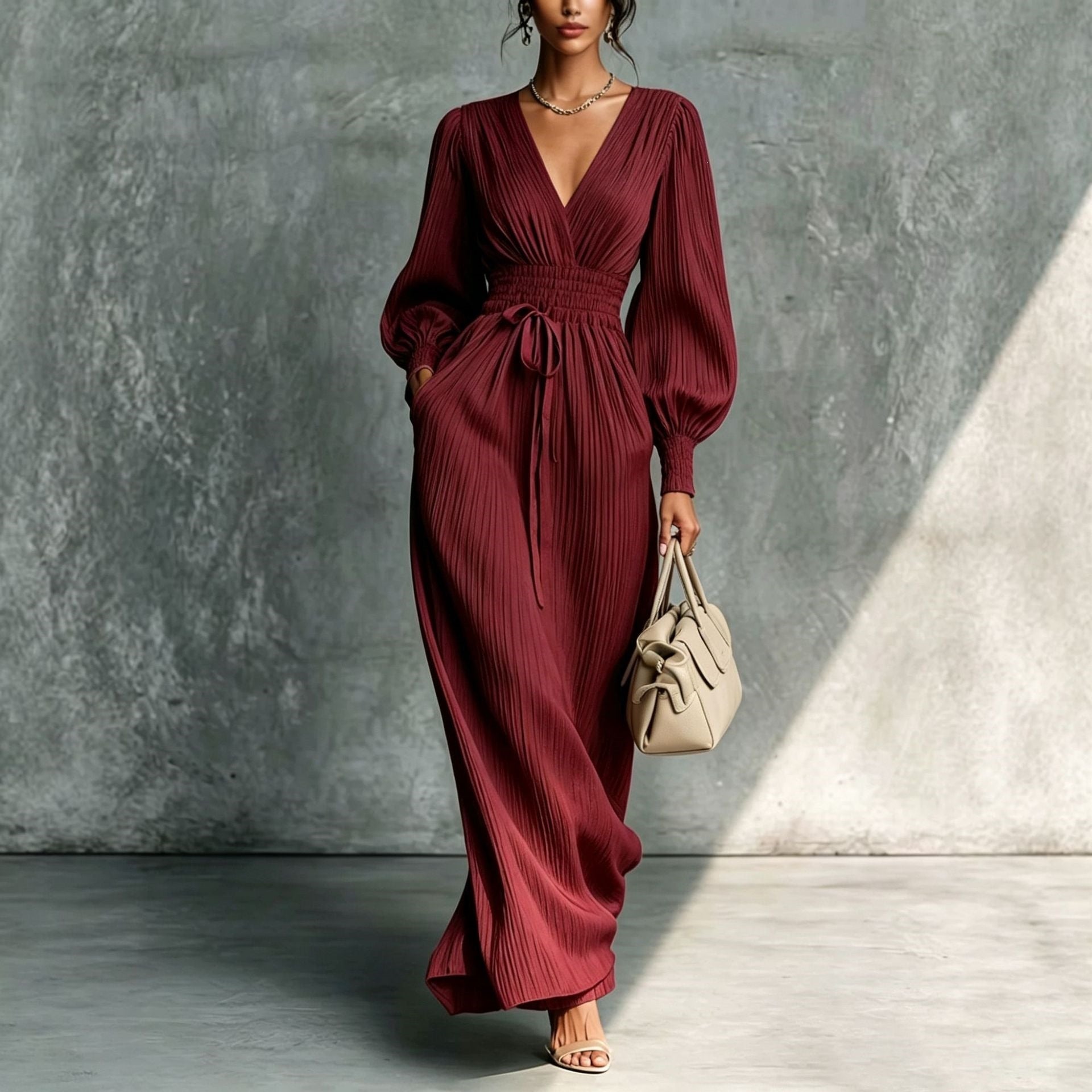 Solid color casual waist cinched long sleeved dress 