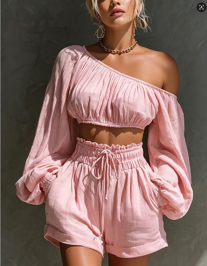 Shoulder long sleeved short top+high waisted casual shorts set for women 