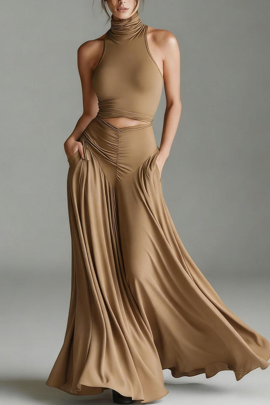 Style Sleeveless High Neck Top with Elegant Long Dress Two-Piece Set