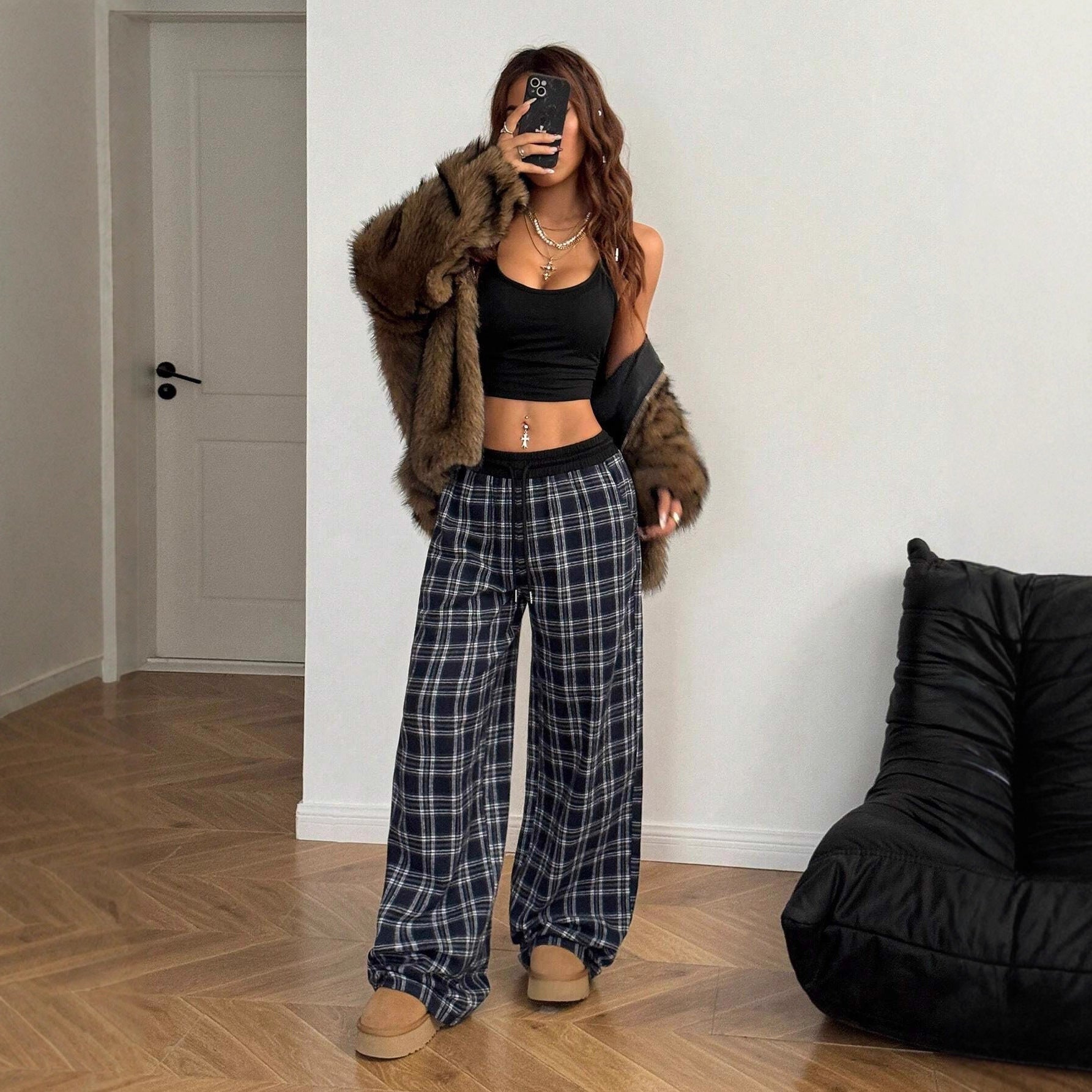 Loose Lazy Style Straight Leg Plaid Patchwork High Waist Drape Casual Sweatpants 