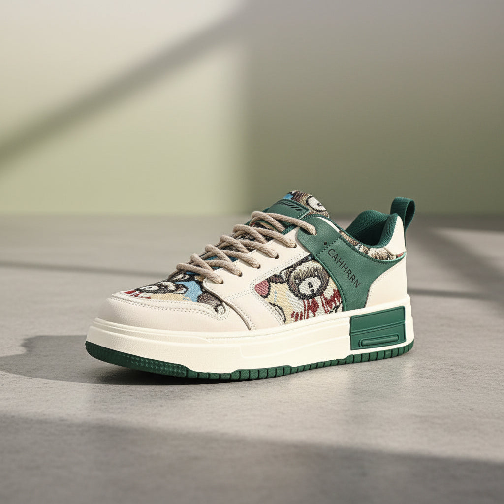 Cute little bear sneakers for students, low cut sports men's shoes, Harajuku style casual lace up color blocked thick soled shoes 