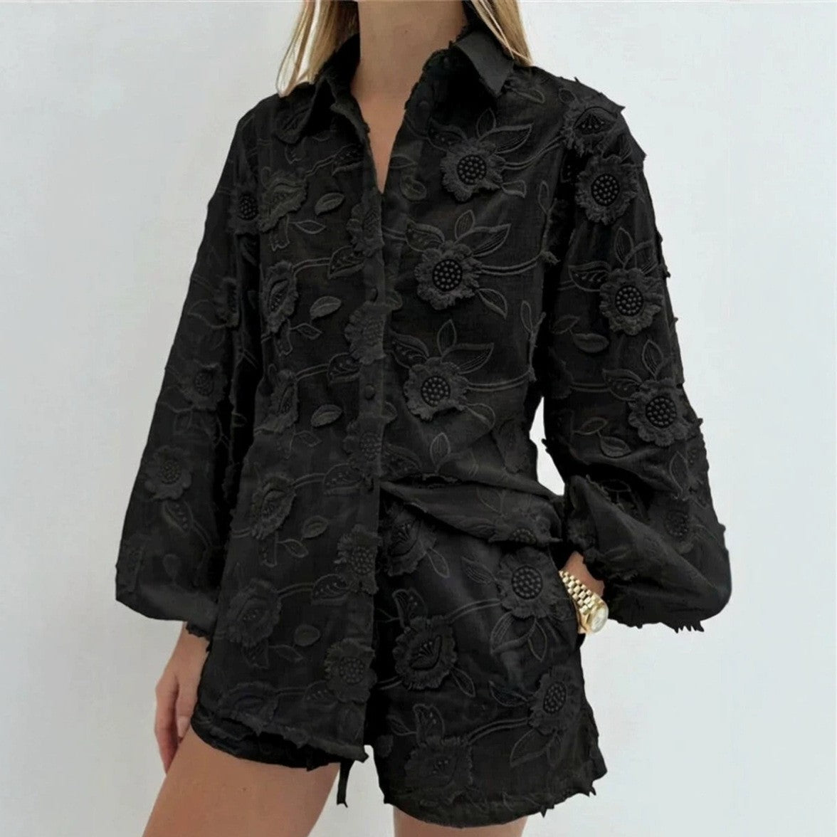 Embroidered shirt shorts set 