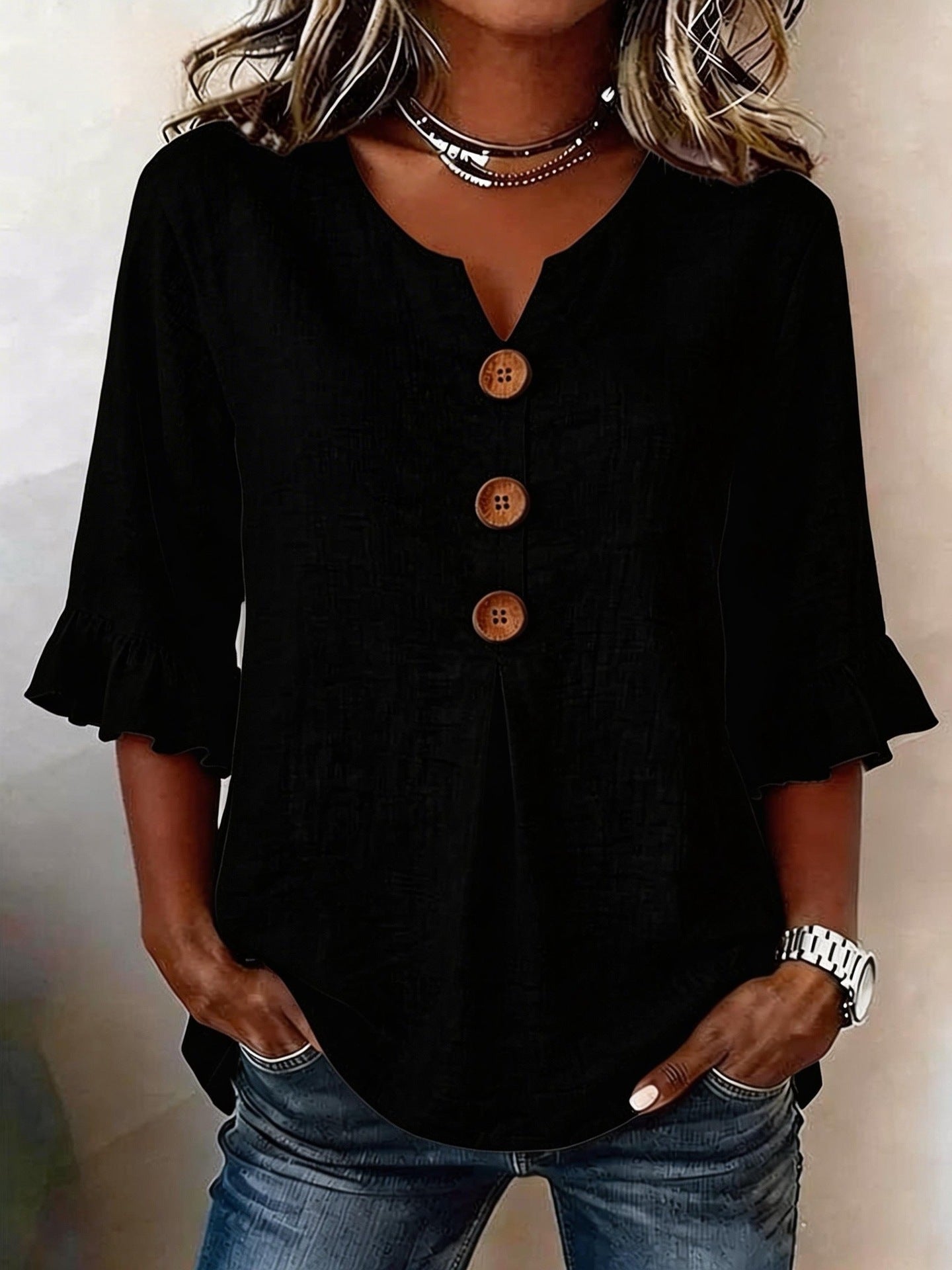 Fashionable Cotton Linen V-Neck Button-Up Blouse for Women Summer Casual Top 