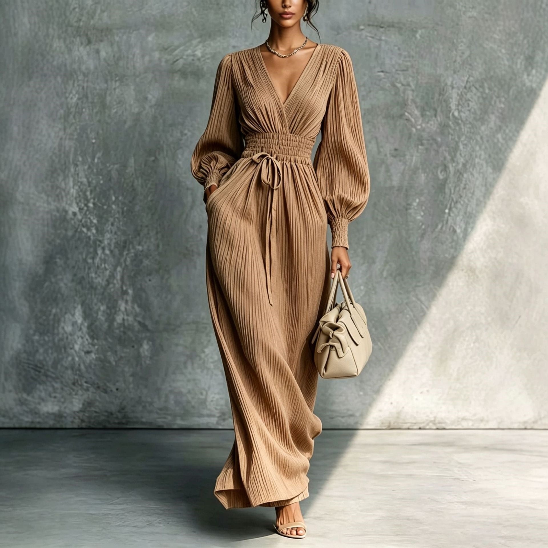 Solid color casual waist cinched long sleeved dress 