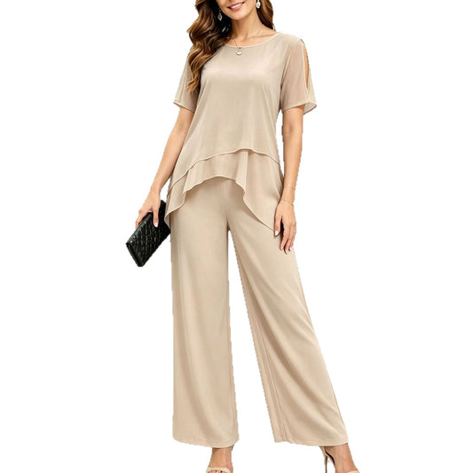 Irregular top wide leg long pants two-piece set