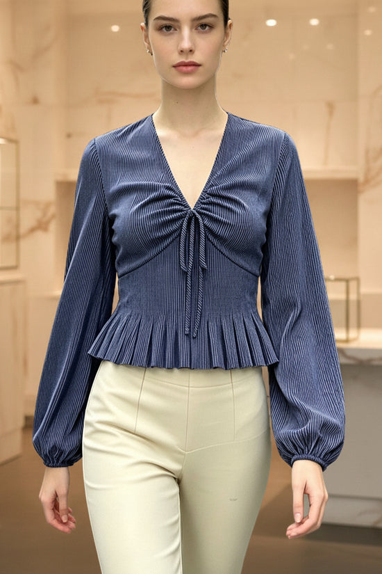 Stripe Blouse for Women V-Neck Ruffle Bow Puff Sleeve Elegant Date Top 