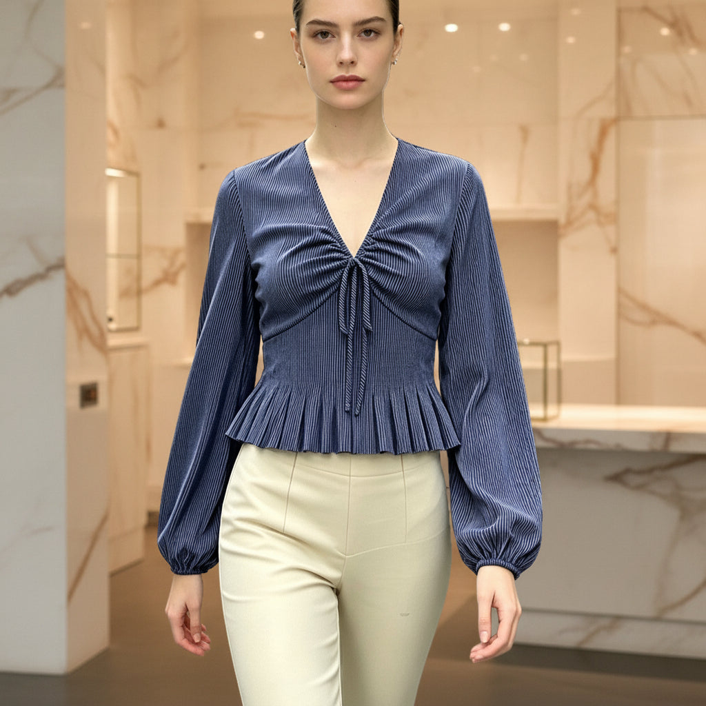 Stripe Blouse for Women V-Neck Ruffle Bow Puff Sleeve Elegant Date Top 