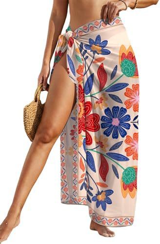 Women's Swimwear Transparent Sheer Cover-Up High-Slit One-Size Swim Dress Summer Floral Print Chiffon 