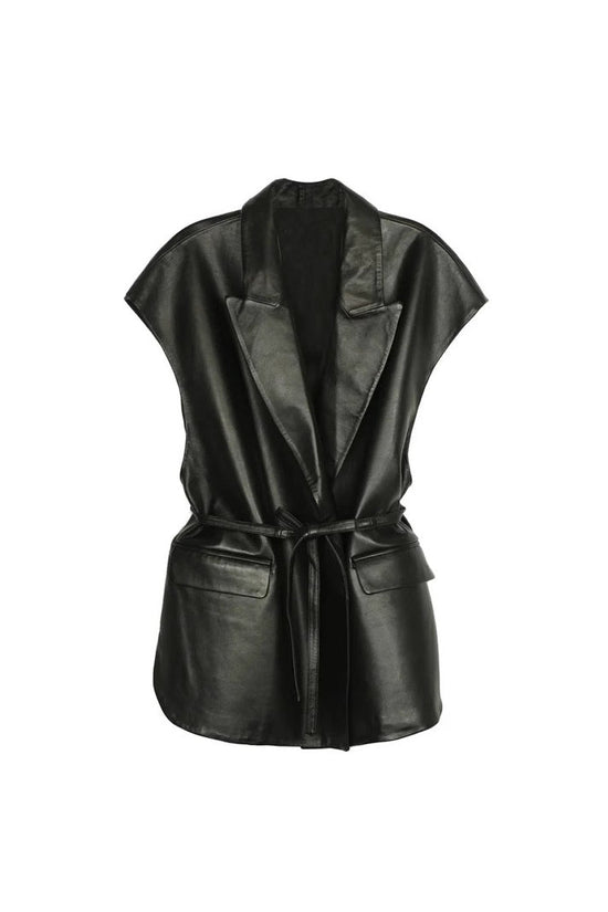 Sleeveless PU leather vest women's suit collar belt vest jacket 