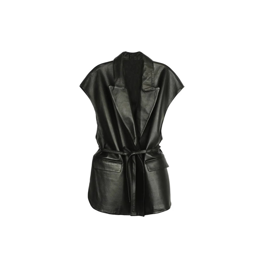 Sleeveless PU leather vest women's suit collar belt vest jacket 
