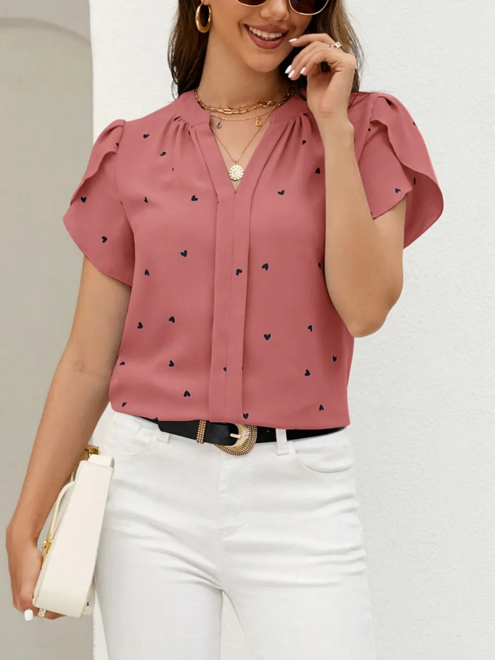 V-neck heart-shaped petal sleeve shirt with elegant women's top 