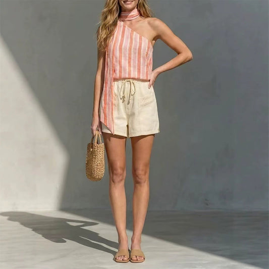 Single shoulder striped printed top Bohemian casual 