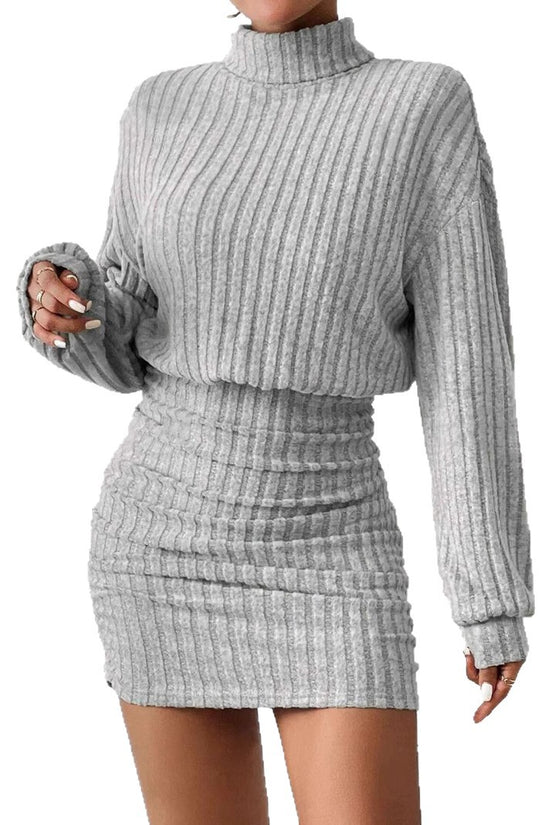 Hip hugging long sleeved high neck striped knitted sexy dress