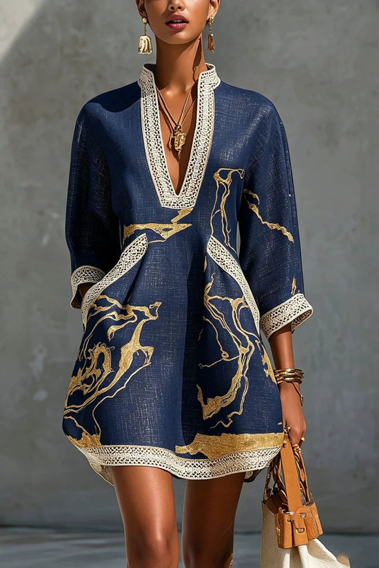 Printed lace trimmed seven quarter sleeved cotton linen short dress 