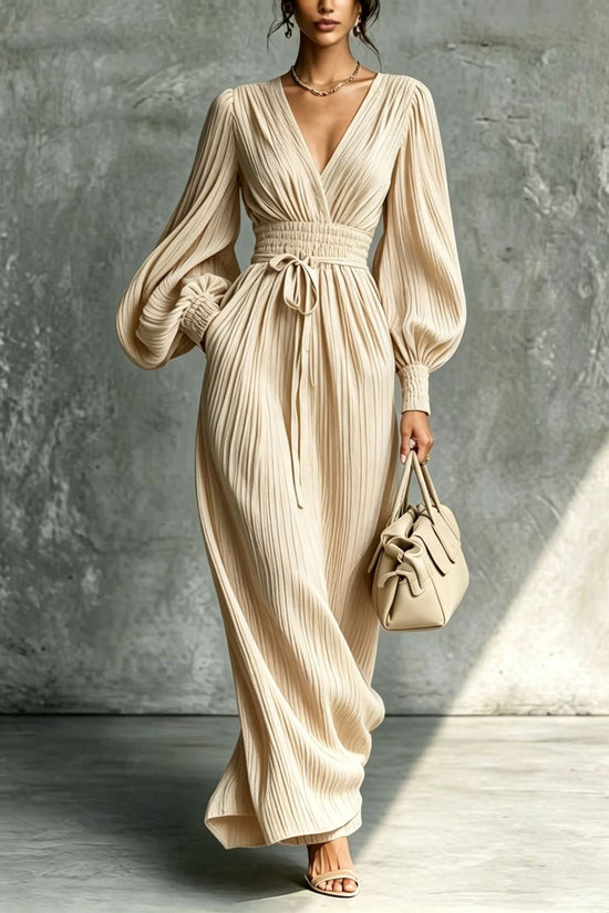 Solid color casual waist cinched long sleeved dress 