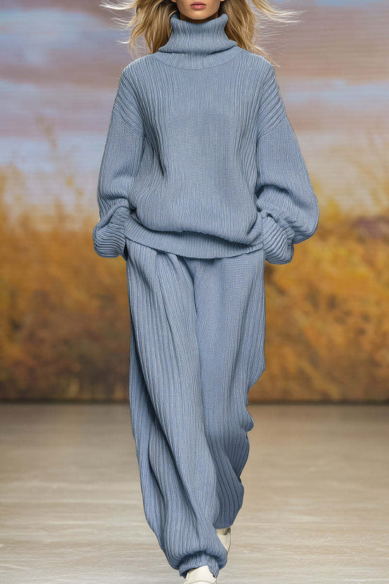 Casual Knit Loose High Neck Wide Leg Pants Set 