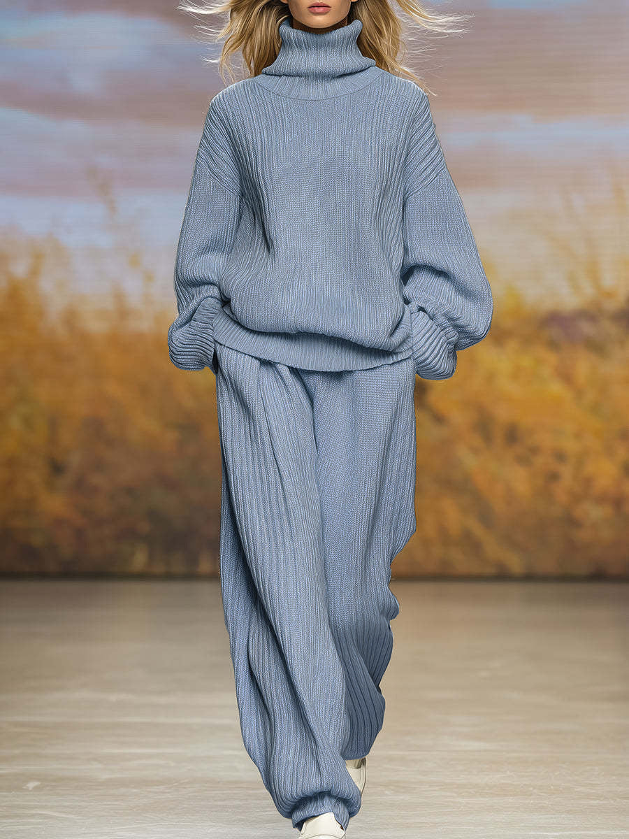 Casual Knit Loose High Neck Wide Leg Pants Set 