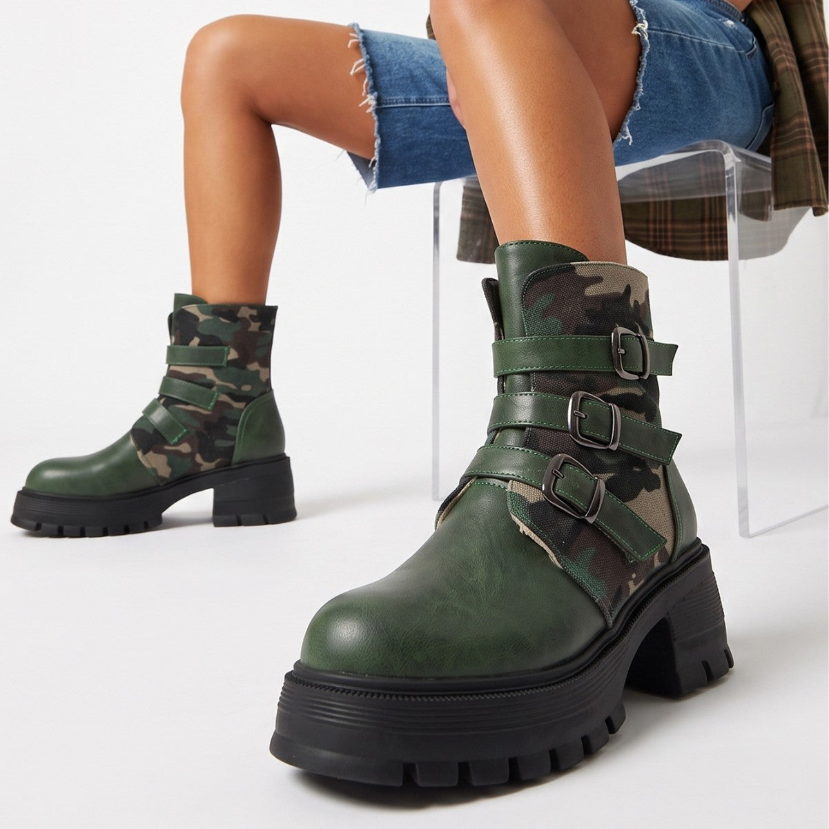 High Heel Thick Sole Belt Buckle Camouflage Low Cut Women's Boots Fashionable Large Made to order, ships in 7 days 