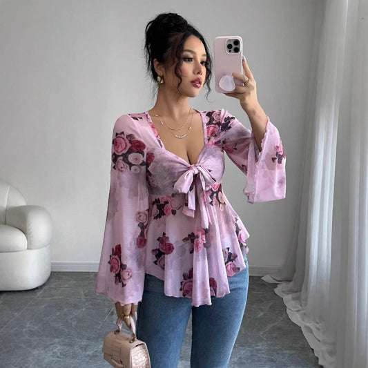 Sweet Floral Ombre Tie-Back Square Neck Long Sleeve Blouse 
