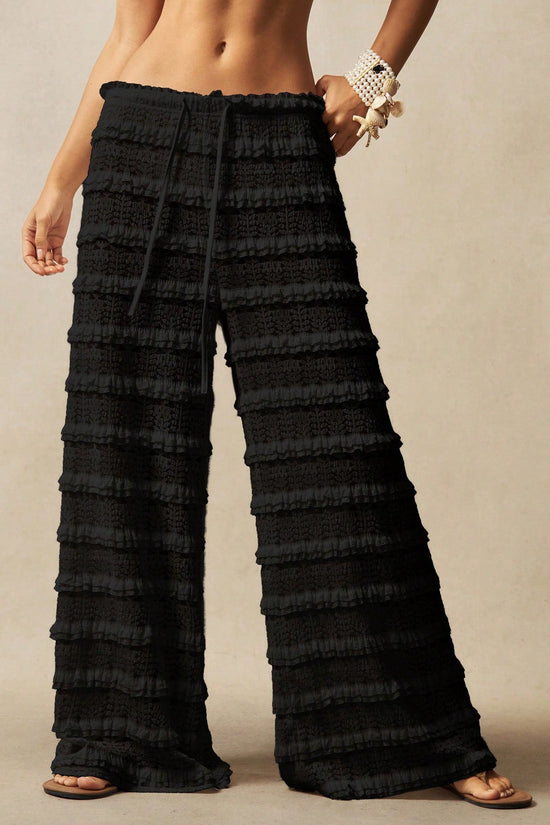Streetwear Casual Solid Color Lace Jacquard Hollow-out Patchwork Tie-up Straight Leg Pants 