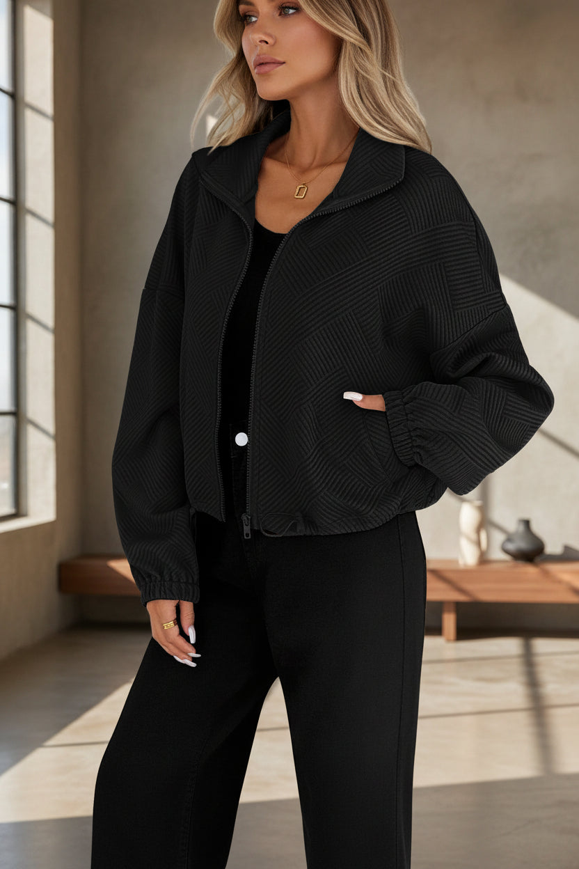 High neck zipper hem drawstring pocket women's loose jacket 