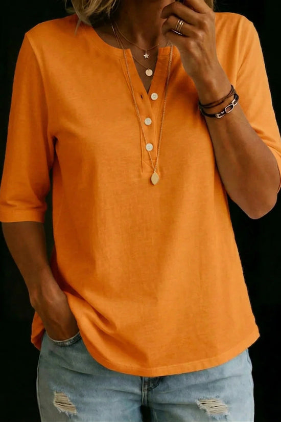 Classic Henley Neck Style Spring Summer New Women's Solid Color Button-Up Top 