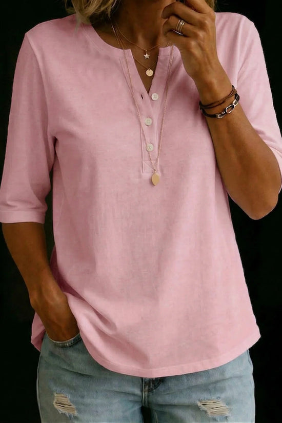 Classic Henley Neck Style Spring Summer New Women's Solid Color Button-Up Top 