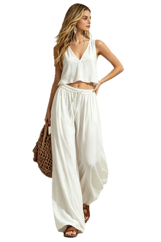 V-neck solid color sleeveless camisole top wide leg pants set