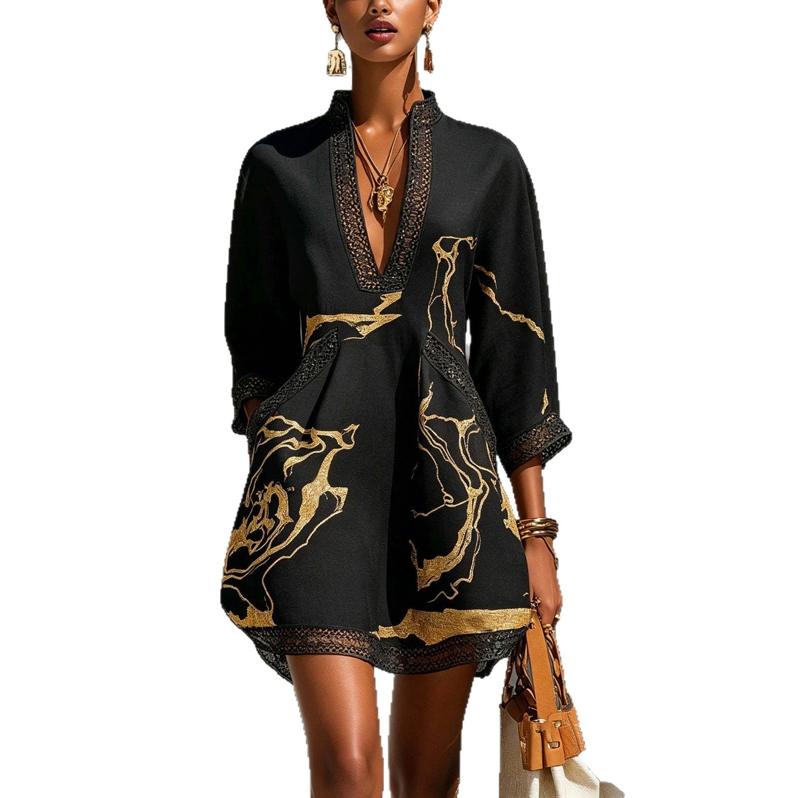 Printed lace trimmed seven quarter sleeved cotton linen short dress 