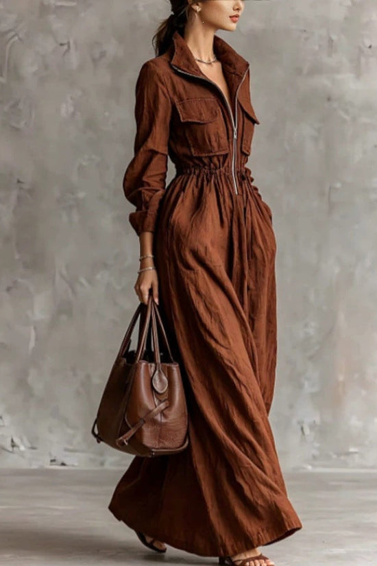 Women's Zipper Collar Elastic Waist Long Dress 