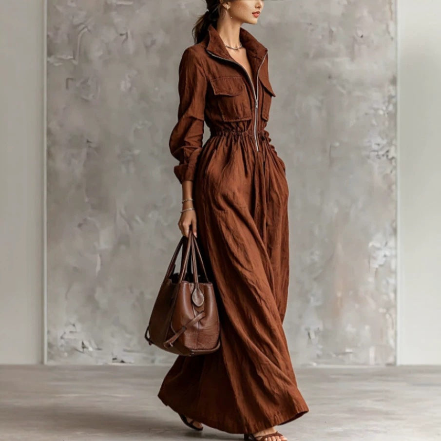 Women's Zipper Collar Elastic Waist Long Dress 