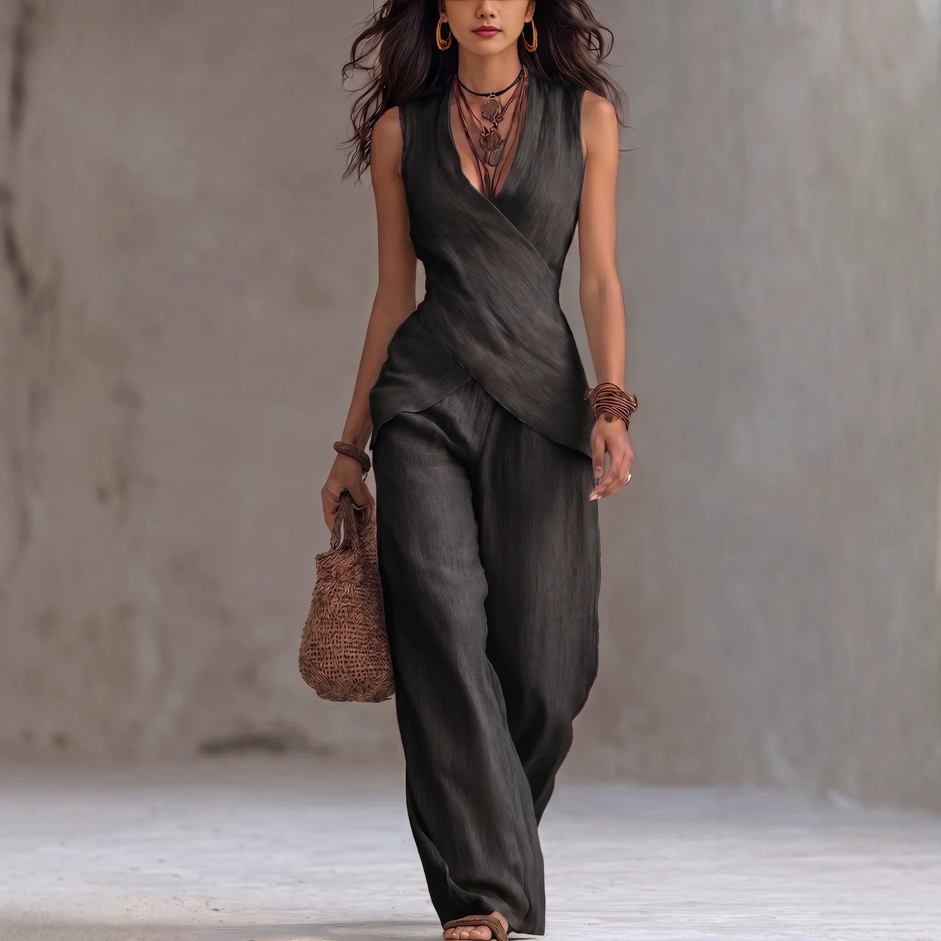 Sleeveless V-neck waist cinched top paired with wide leg pants set 