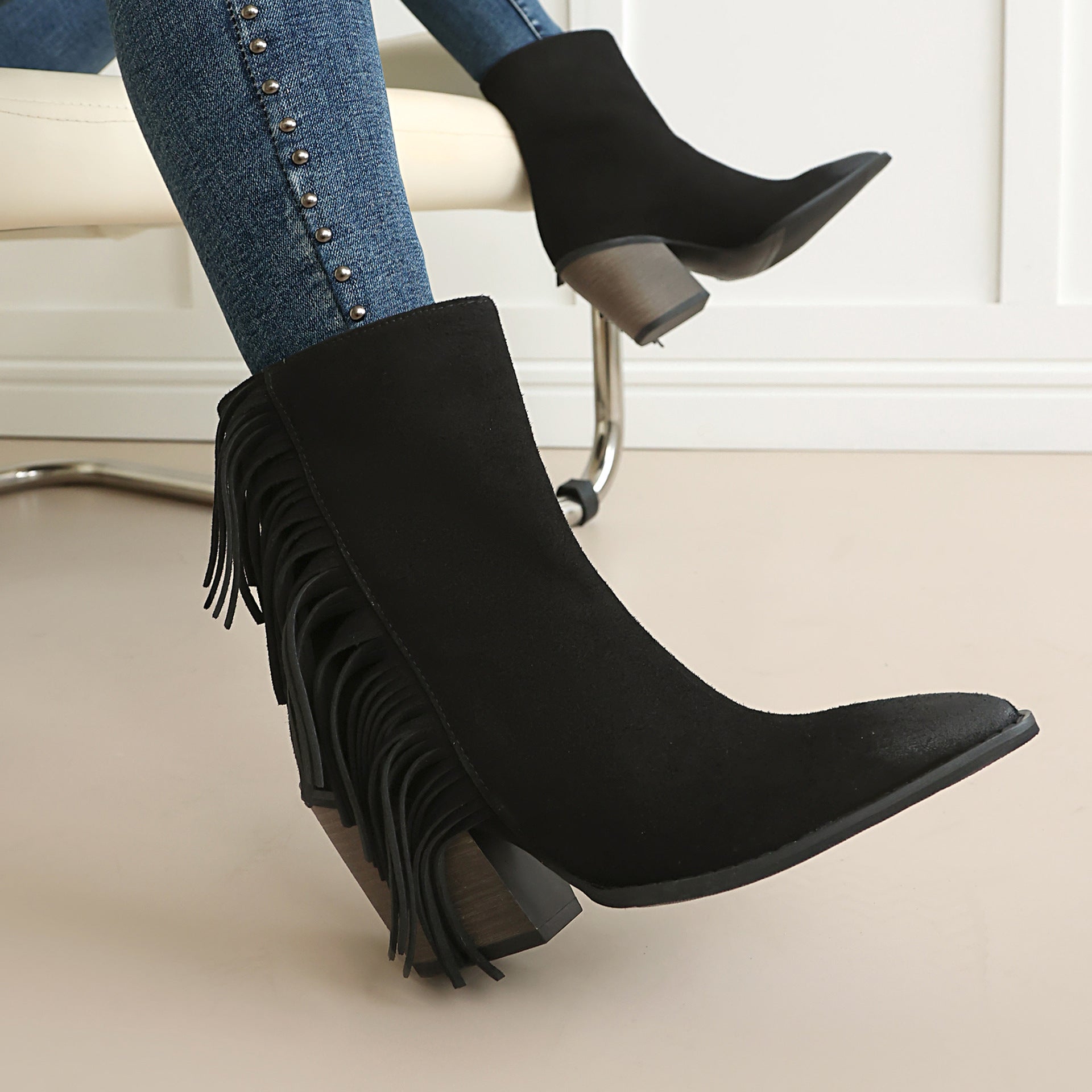 Western Style Ankle Boots for Women, Pointed Toe with Tassel, Chunky High Heel Made to order, ships in 7 days 