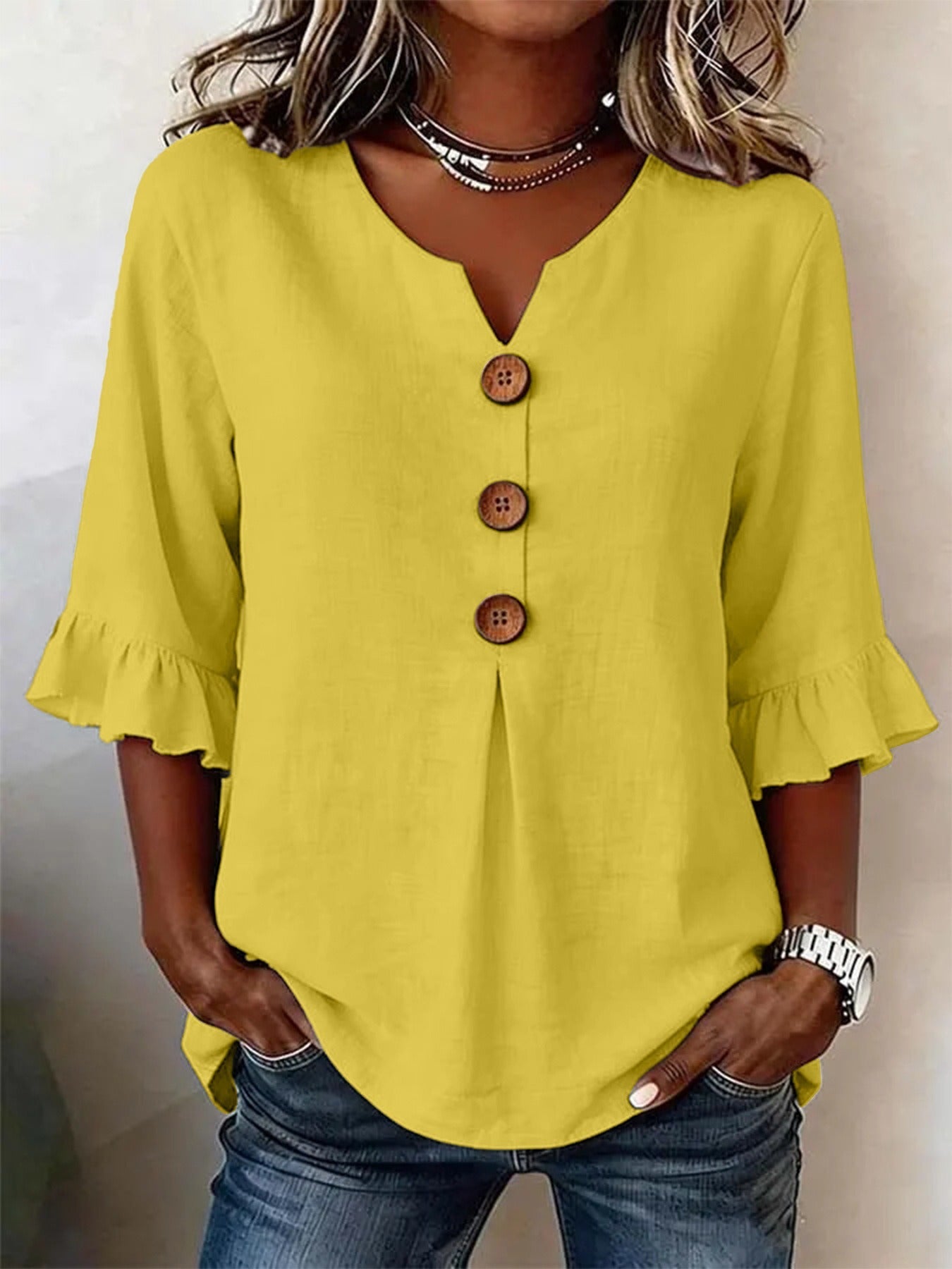 Fashionable Cotton Linen V-Neck Button-Up Blouse for Women Summer Casual Top 