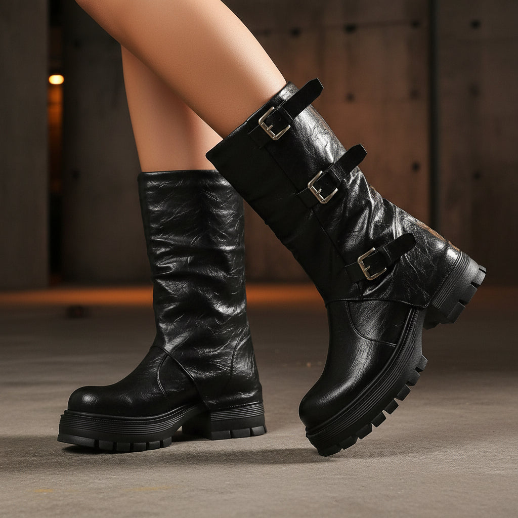 Thick Heel High Heel Women's Short Boots with Belt Buckle Slip-On Tube Boots 