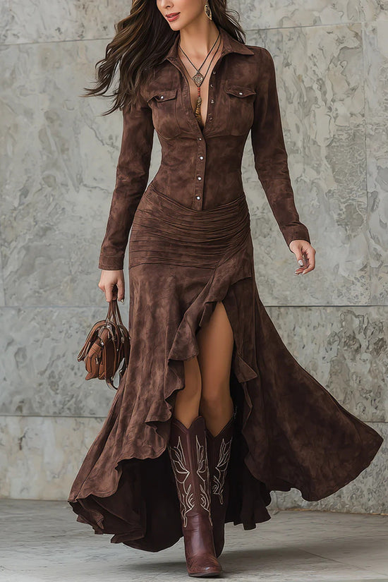 Elegant Zipper Stand Collar Slit Long Dress with Slim Fit 