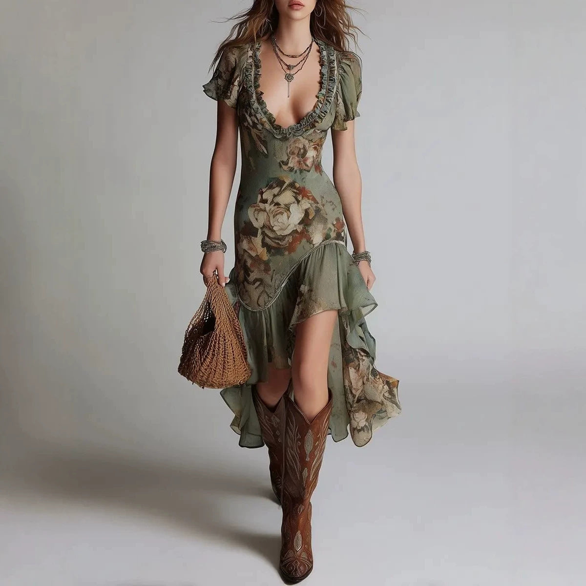 Vintage Oil Painting Print Irregular Hem Ruffle Sleeveless Fitted Western Style Long Dress 
