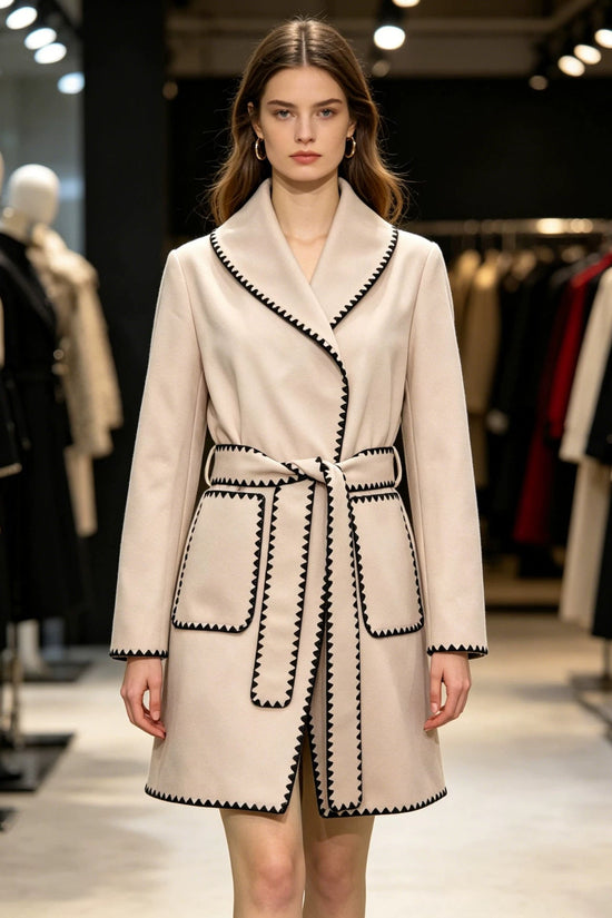Autumn/Winter New French Elegant Style Notched Lapel Color-blocked Zigzag Edge Wool Coat Fashion Versatile Chic Outerwear 