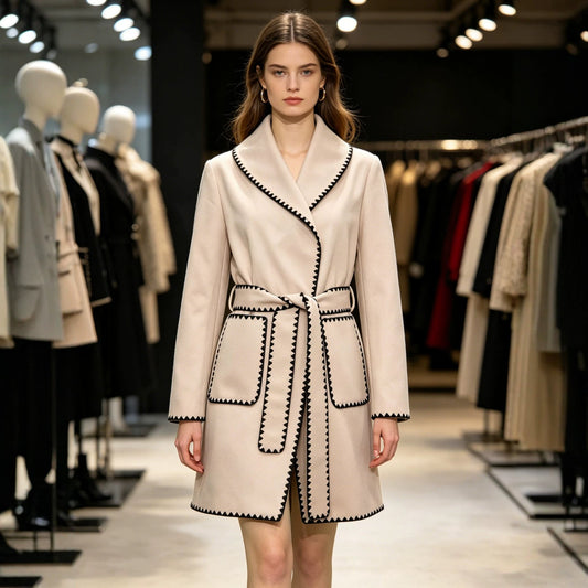 Autumn/Winter New French Elegant Style Notched Lapel Color-blocked Zigzag Edge Wool Coat Fashion Versatile Chic Outerwear 