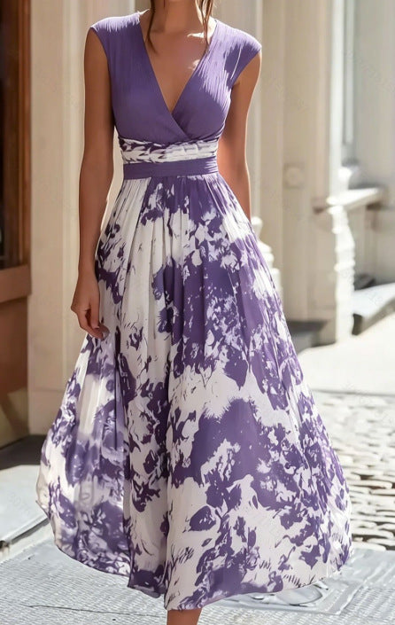 Elegant Long Sleeveless V-Neck Blue and White Porcelain Print Dress Summer Formal Dress 
