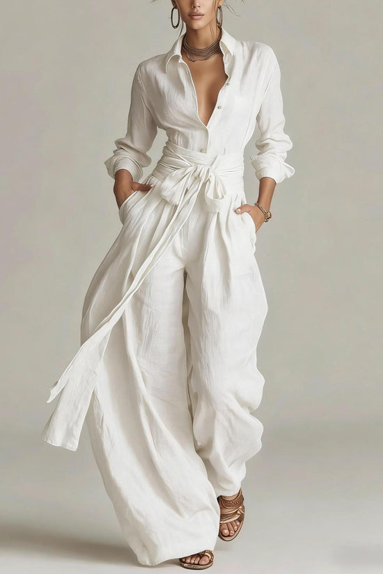 Solid color collar top high waisted pants two-piece set 