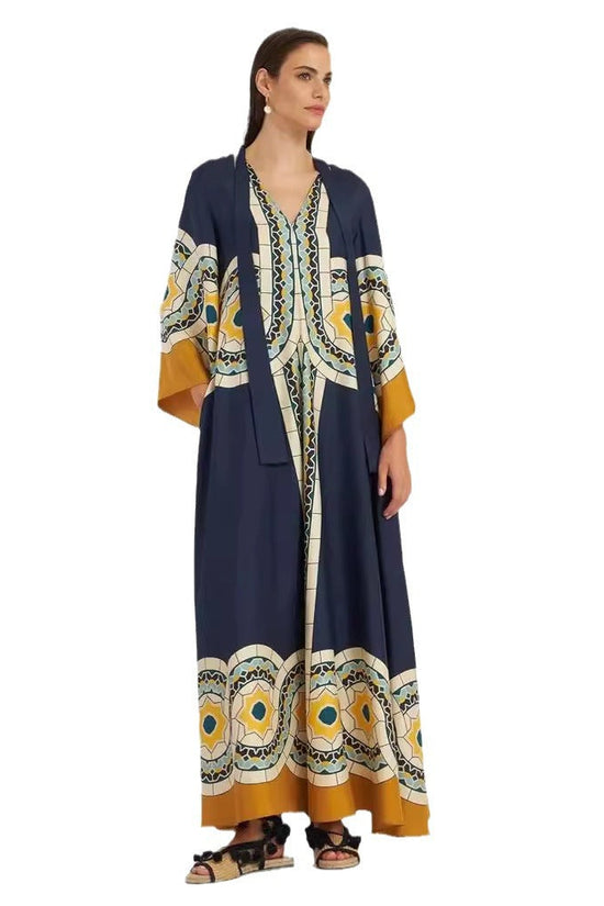 New European and American Summer Printed Seven Sleeve Stand up Collar Dress 