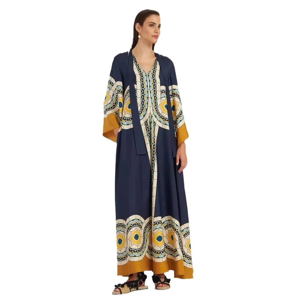 New European and American Summer Printed Seven Sleeve Stand up Collar Dress 